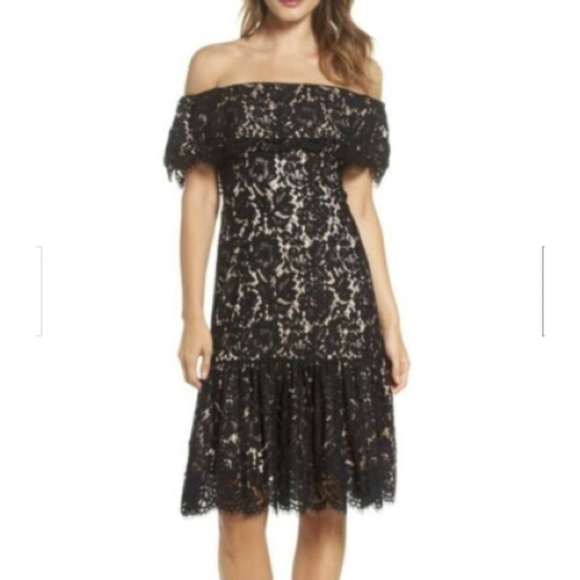 Eliza J Off Shoulder Black Lace Overlay Ruffle Midi Cocktail Dress Size 16 - Picture 1 of 9